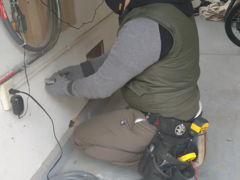 Electrician performing outlet wiring in a Wesley Hills garage